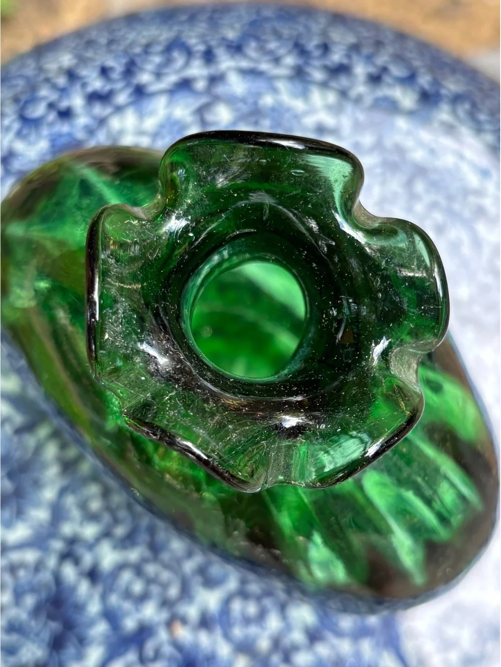 Vintage Emerald Green Art Glass Pumpkin Vase, Ruffled Rim, Blenko Style